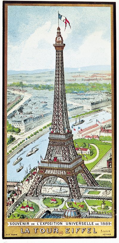 Ansichtkaart met de Eiffeltoren op de Exposition Universelle, 1889 door French School